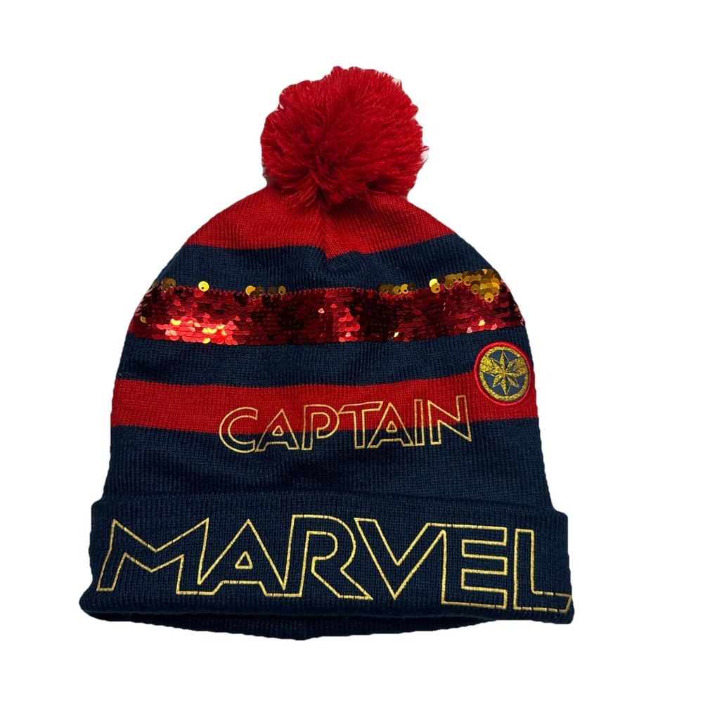 Marvel Captain Marvel Beanie Navy Blue Red Striped Sequin Pom Pom Hat OSFM